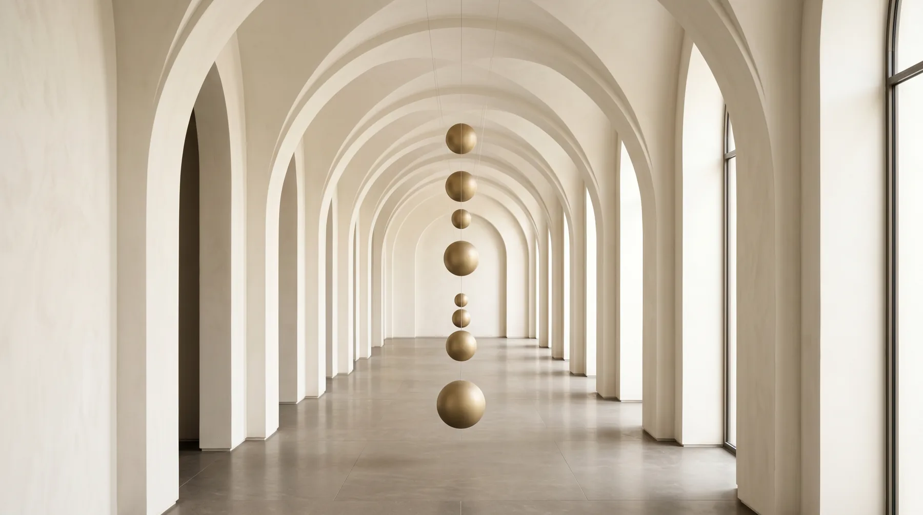 Heller architektonischer Raum mit goldenen Sphären als Symbol für Klarheit und innere Muster
